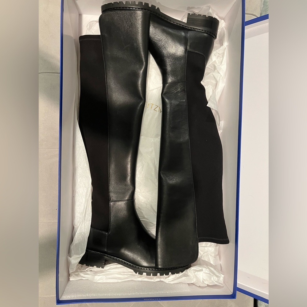 Stuart Weitzman Black Over-the-Knee Leather & Stretch Boots